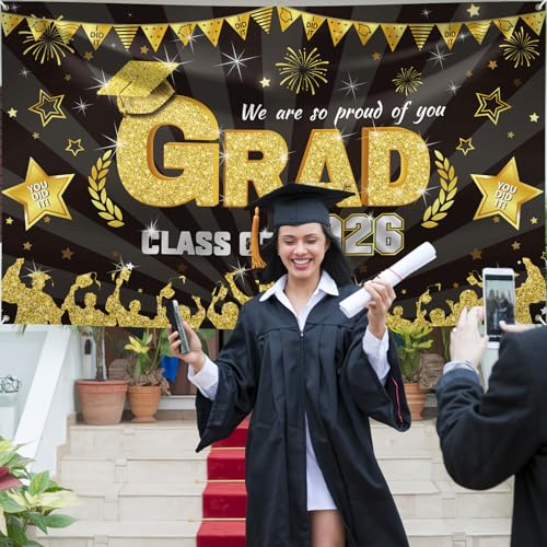 Image of Graduation Decorations, Graduation Banner 2026, Black and Gold Congrats Grad Banner, Large Class of 2026 Grad Sign, We Are So Proud of You Party Backdrop for Yard Wall Door Party Decoration 180*110cm