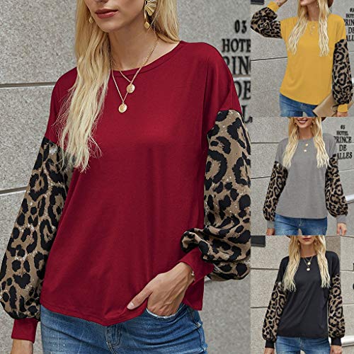 YAnGSale Top Womens Leopard Blouse Casual Loose Sweatshirt Patchwork Pullover Long Sleeve Shirt O-Neck Tee Tops (Yellow, L)