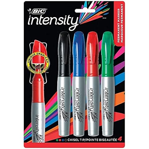 4 x Bic Intensity Chisel Tip Permanent Marker Pens for Wood, Metal, Glass, Plastic, Card, CDs, Paper, Photos & More in Assorted Colours (Black, Blue, Red & Green) Cover