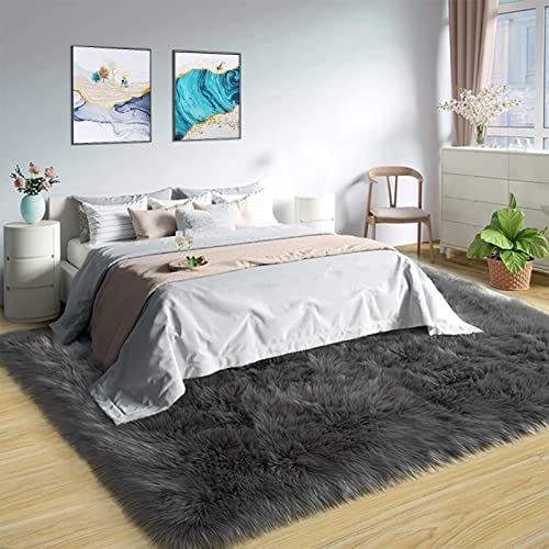 Latepis Large Rugs for Bedroom Dark Grey 6.7x10 Faux Sheepskin Fur Rug for Living Room Fuzzy Shaggy Furry Rug Luxury Home Decor Rectangle