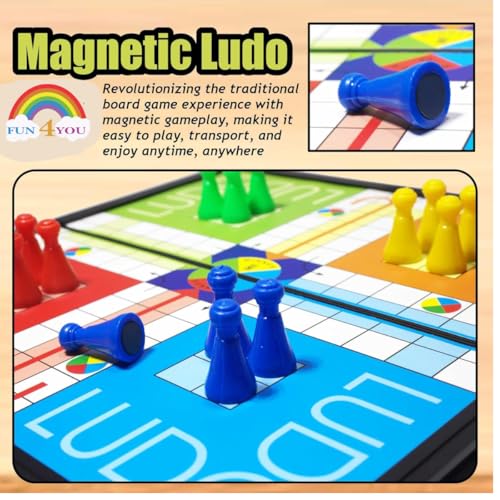 Image of Fun4You Magnetic Ludo Board Game, Portable Folding Strategy Game with Magnetic Pawns and Dice, Travel-Friendly Family Game Night Essential for Ages 3+