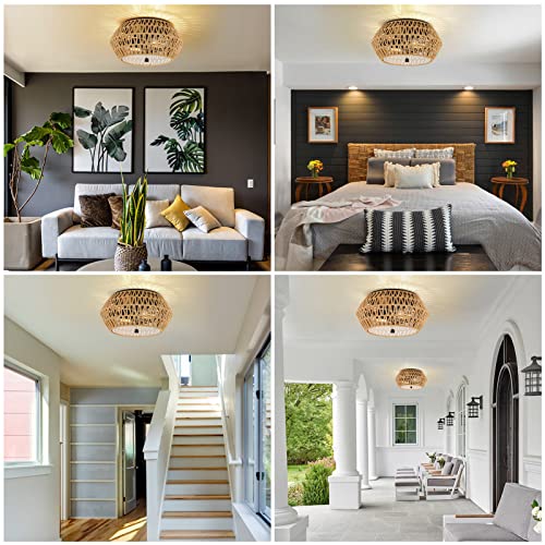 Boho Light Fixtures Ceiling Mount, 2-Lights Farmhouse Rattan Light Fixture, Flush Mount Close To Ceiling Light With Hand Woven Shade, Rustic Chandeliers For Living Room Bedroom Foyer Entryway Kitchen #TOP7