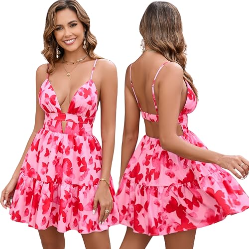 Image of Parthea Women's Summer Boho Floral Mini Dress Spaghetti Strap V Neck Floral A Line Beach Vacation Cute Casual Dresses