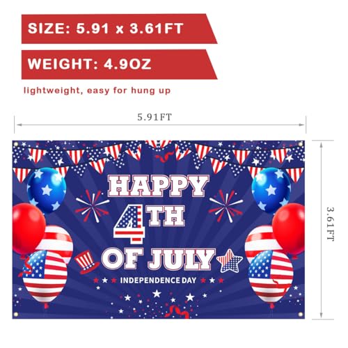 Image of Happy 4TH of July Backdrop, Independence Day Party Banner, Fourth of July Memorial Day Decoration, Veterans Day Party Decor, with 32FT Rope, Red Blue White Props for Photos 5.9x3.6ft Large Flag