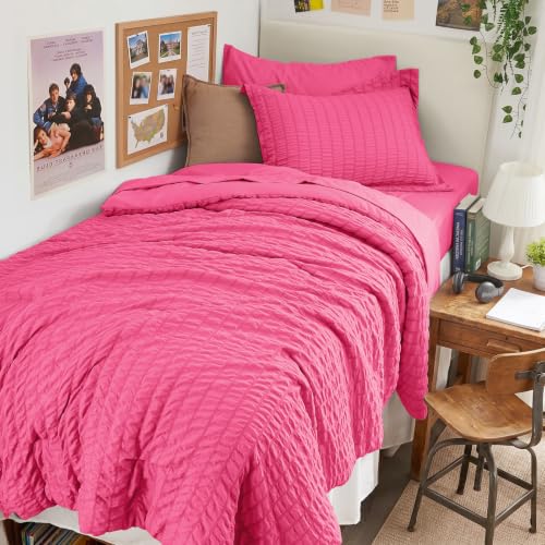 Image of HYMOKEGE Hot Pink Twin XL Comforter Set Seersucker 5 Pieces, All Season Luxury Bed in a Bag for Bedroom, Bedding Set with Comforter, Sheets, Pillowcase & Sham