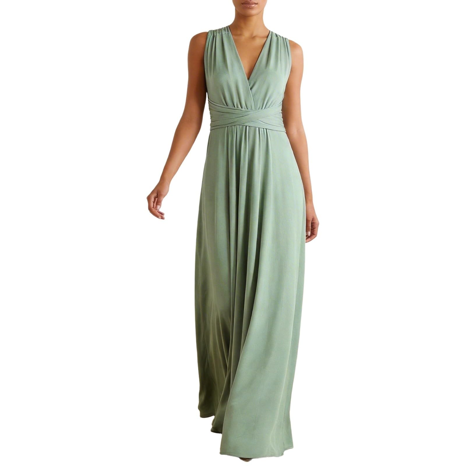 Generisch Robe maxi pour femme avec col en V en vert sauge - Robe de soirée sans manches avec taille empire - Élégante robe d'été longue au sol