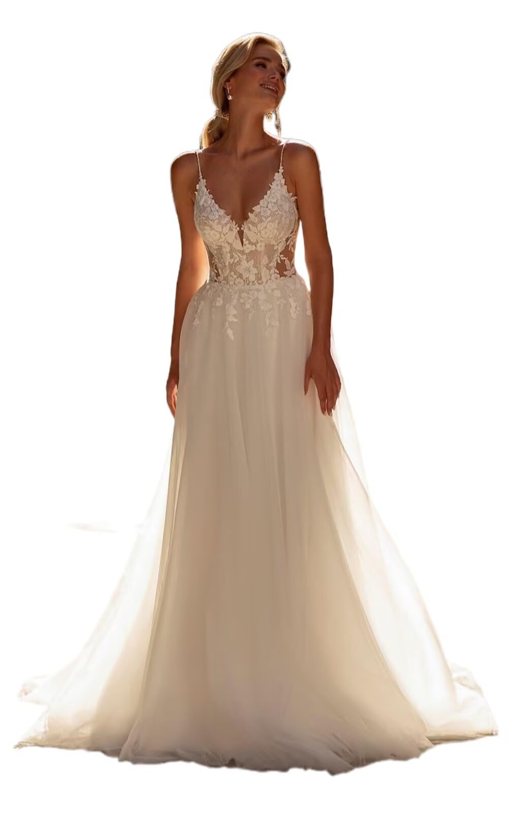 Zxruijing Women's Long Beach Wedding Dresses for Wedding 2025 Lace Applique Tulle Bridal Gowns HC013