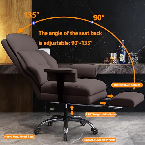Image of Office Chair with Leg Rest, Leather High Back Executive Office Chair with Wheels, Ergonomic Desk Chairs with Lumbar Support for Home Office, Brown