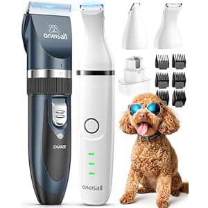 oneisall Dog Clippers and Dog Paw Trimmer Kit 2 in 1 Low Noise Cordless Dog Clippers for Grooming Pet Hair Trimmers for Small and Large Dogs Cats Animals