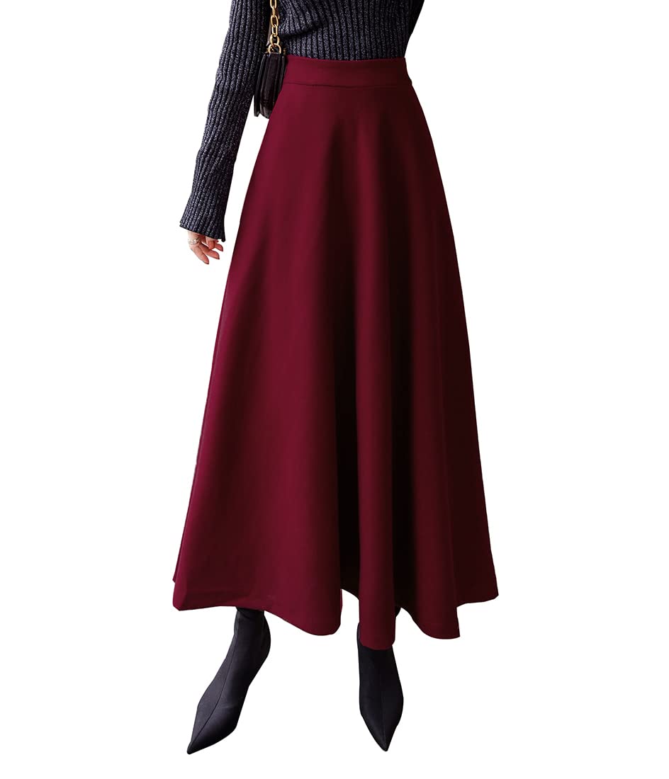 Damen Lange Rock Elegant Hohe Taille Winterrock Wollrock A-Linie Maxirock Faltenrock Retro Röcke 1955 Weinrot -XL