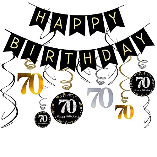 Leo Home 70th Birthday Decorations Kit- Gold Glitter Happy Birthday Banner & Sparkling Celebration 70 Hanging Swirls-70th Anniversary Decorations