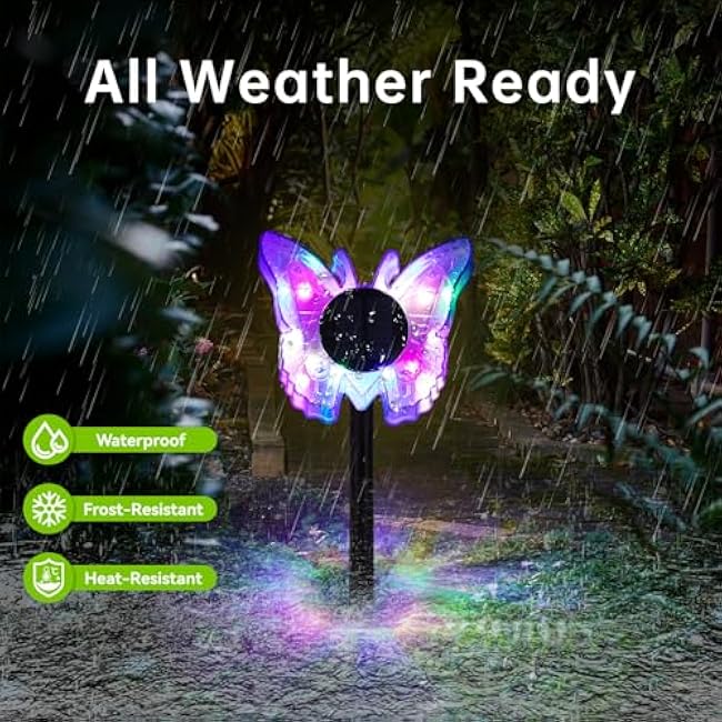 HUYIENO 4pk Solar Lights Outdoor Garden Decor Butterfly Stake Lights Waterproof Pathway Fence Lighting Ground/Wall Mounting 2 in 1 for Garden,Patio,Yard Decoration
