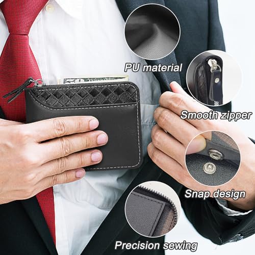 Leather Wallets for Men, Minimalist Bifold Wallet with Zipper, Small Card Holder Wallet with ID Window and Coin Pocket (Black)3