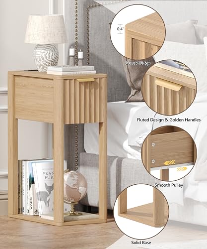 Image of Akxomel Narrow Nightstand Set 2 with Charging Station Fluted Table Oak