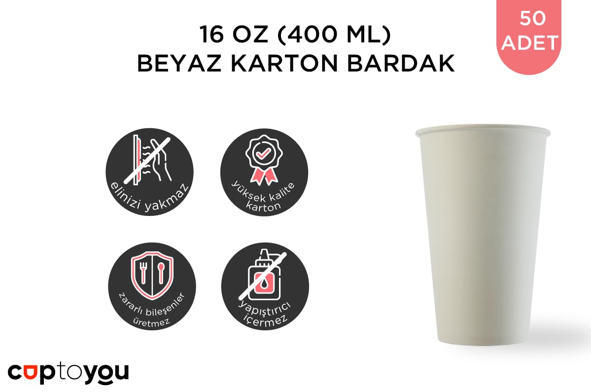 CUPTOYOU 50 adet parti bardağı, beyaz tek kullanımlık karton bardak 16 oz, büyük kağıt bardak 400 ml, parti ihtiyaçları, çocuk partisi, sıcak ve soğuk içecekler, çay, kahve, meyve suyu