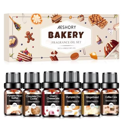 AESHORY Set de Aceites Esenciales de Panadería 6 x 10ML, Aceites Esenciales Aromaterapia para Humidificador Difusor, DIY- Pastel de Calabaza, Pastel de Café, Galleta de Avena, Pan de Jengibre