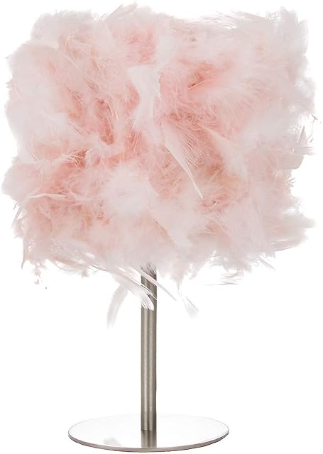 Modern and Chic Real Pink Feather Table Lamp with Satin Nickel Base and Switch - Perfect for Childrens Bedroom - 40w Maximum SES Bulb by Happy Homewares