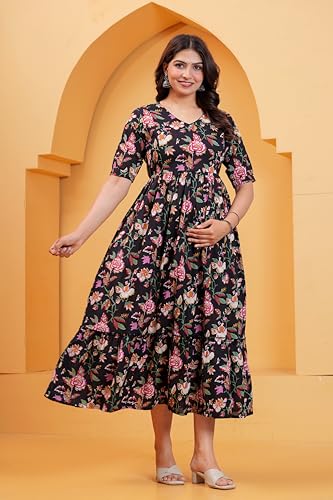 Image of The Moon Star Women's Cotton Floral Printed Anarkali Maternity Feeding Kurti | Breastfeeding Dress for Mothers | Zipper Feeding Kurti, Nursing Kurti, Comfortable and Trendy Maternity Wear