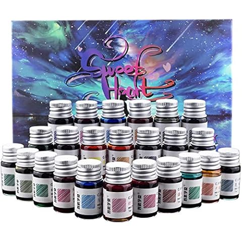 24 Colors Calligraphy Ink Set, Calligraphy Fountain Glass Dip Pen Color Ink Caligrapher Pen Ink Bottle Set, Gold Powder Drawing Writing Art Ink with Gift Box - 24 x 7ml Cover