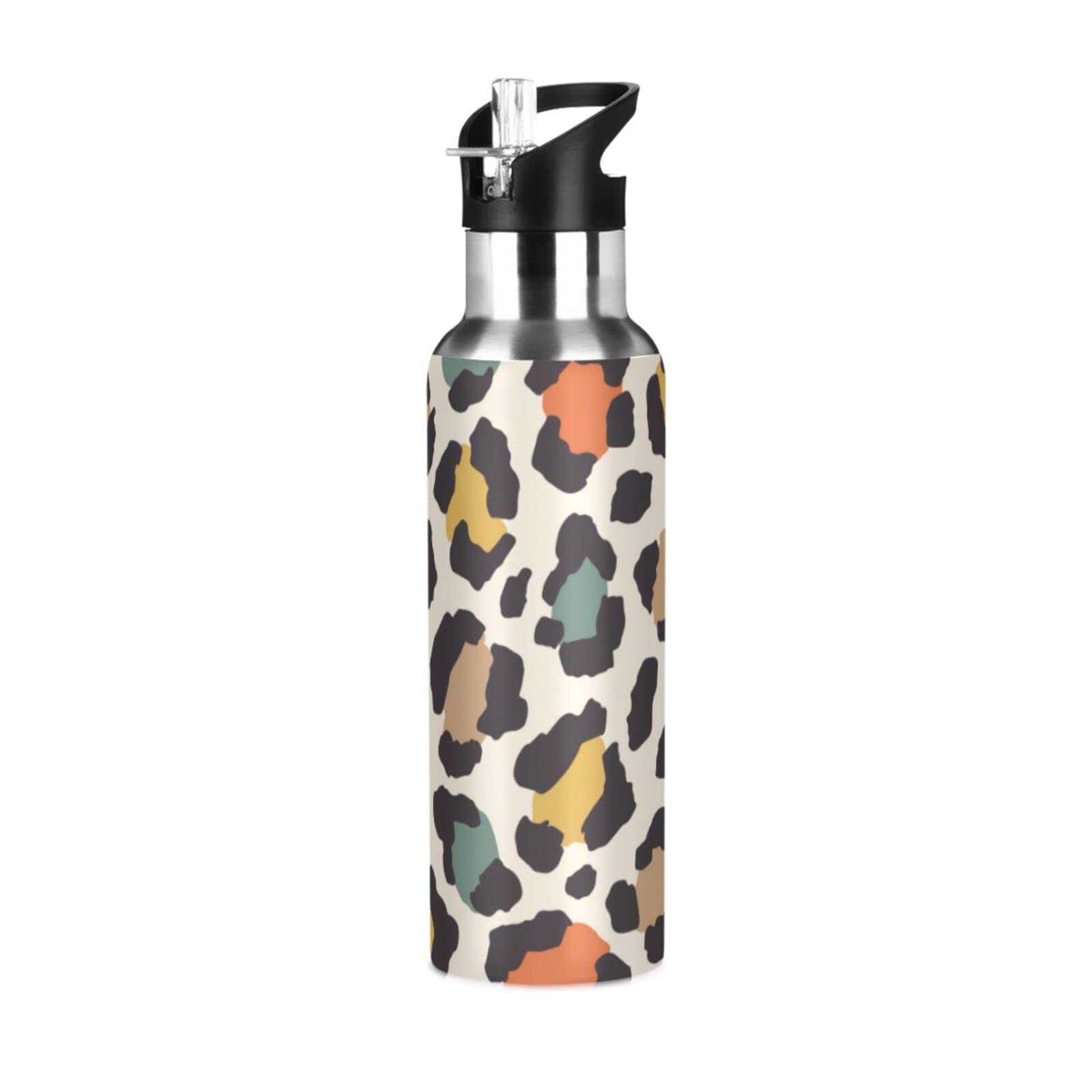 Water Bottle for Girls Boys Leopard Print Stainless Steel Drink Flask Straw Vacuum Insulated Leakproof Thermos for Sports 600 ml