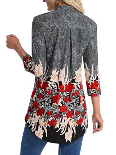 Baishenggt Womens 3/4 Sleeve Shirt V Neck Blouses Tops Medium Grey Flower #TOP4