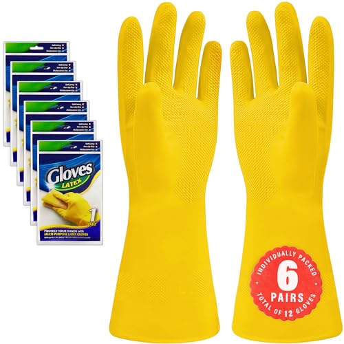 SteadMax Paquete de 6 guantes de limpieza amarillos para platos, guantes de látex de goma natural profesional, guantes desechables para lavavajillas, tamaño mediano (6 pares)