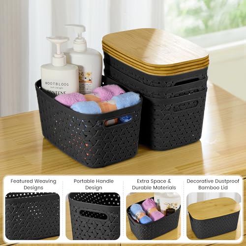 Modern Black Plastic Storage Bins with Bamboo Lids Set of 4 - Stackable, Rectangular, 11.9"L x 7.7"W x 6.3"H - Perfect for Home, Kitchen, Office Organization - Image 4
