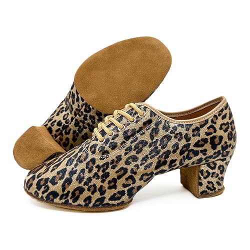 Swdzm RE-KCMD-LEOPARD-5-LDM-40 Women'S Latin Dance Shoes Lace-Up Ballroom Modern Salsa Closed Toe Training Practice Dance Shoes,Leopard,Heel 2 Inch,Split Suede Sole,8 Us thumb #4
