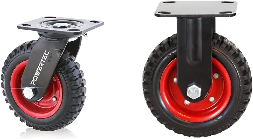 POWERTEC 6" Swivel & Fixed Knobby Tread Heavy Duty Rubber Castor Wheels for Workbench Cart Dolly Wagon Chicken Coop, 1PK (17050, 17052V)