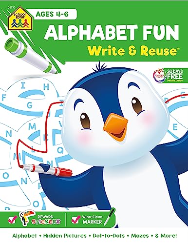 School Zone Alphabet Fun Write & Reuse™ Workbook: 52 Wipe-Clean Pages, Spiral-Bound, Pre-K, Preschool, Kindergarten, Letters & ABC Tracing, Early Learning, Ages 4–6, Includes Dry-Erase Marker