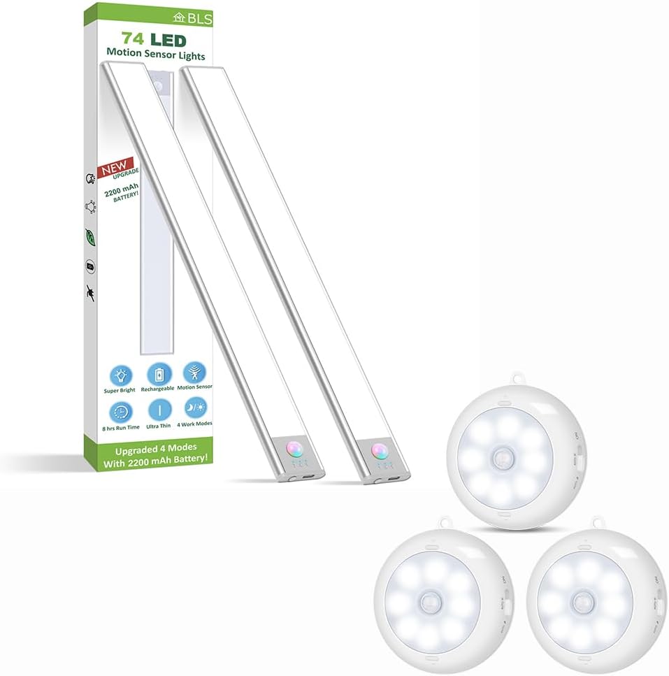 BLS 74 LED Closet Lights 2 Pack + (3 Pack) AA Battery Operated Puck Lights