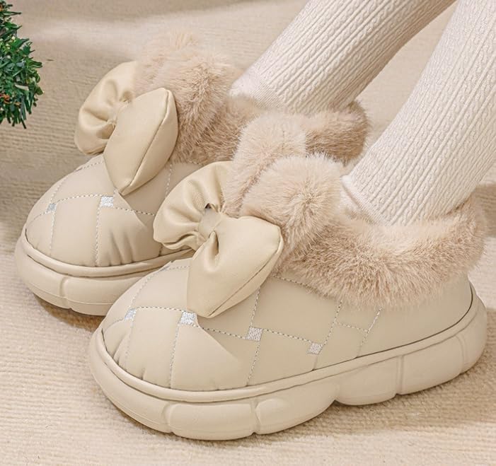 Women's Cute Bowknot Design Plush Lined Slipper, Winter Warm Anti-Skid Waterproof Thick Sole House Boots, Casual Comfortable Furry Bow Slippers