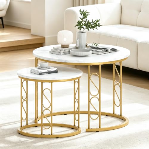 Image of Garden 4 you Coffee Table Faux Marble Nesting Table for Small Place 2 Sets Modern Furniture Living Room Sets End Side Table Night Stand for Bed Room Dining Room (White & Gold)