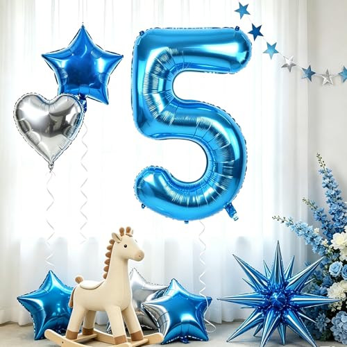 Image of TONIFUL 5th Birthday Balloons Kit 40 Inch Blue Large Number 5 Foil Balloon | with 18Inch Helium Mylar Heart Star Shaped Balloons for Boy Men Birthday Anniversary Graduation New Year Eve Party Decoration