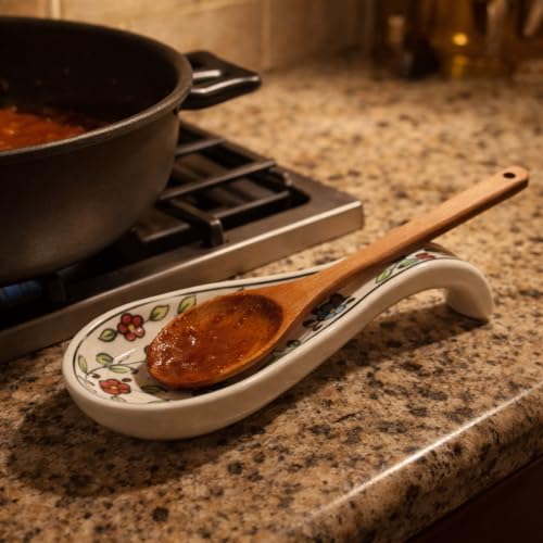 Image of Handcrafted Floral Ceramic Spoon Rest, Kitchen Counter Spoon Holder for Cooking Utensils, Ladle & Spatula Rest, Heat Resistant Kitchen Accessory | Spoon Rest for Kitchen & Dining