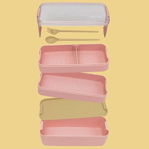 Miniatura 7 de Lonchera cuadrada para adultos, 3 compartimentos, 31.1 onzas líquidas, sellada, caja Bento de 3 capas, todo en uno, contenedores Bento apilables con