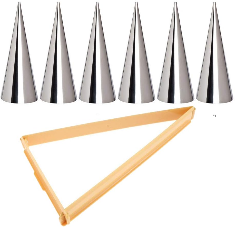 FOYARALarge Size Cream Horn Molds, Lady Lock Forms Set of 6 Stainless Steel Cannoli Tubes & 1Pc Plastic Croissant Cutter Bread Line Mould
