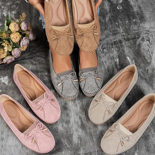 Curvahouse Orthopedic Shoes, Curvahouse Orthopedic Leather Shoes, Women Solid Color Retro Round Toe Dressy Slip-On Bow-Knot Flats Loafers Lightweight Anti-Slip Breathable2