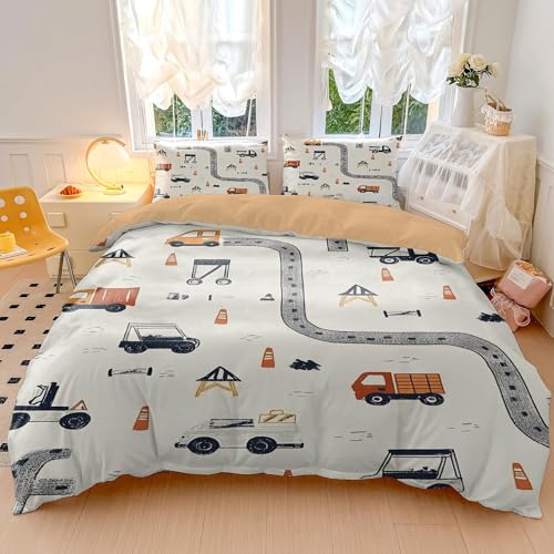 Playful Colorful Roads & Construction Vehicles Printed Duvet Cover Set - Kids Boys Girls Cartoon Car Truck Microfiber Bedding Set 3 Pieces (style5,Single135x200cm+65x65cm*2)