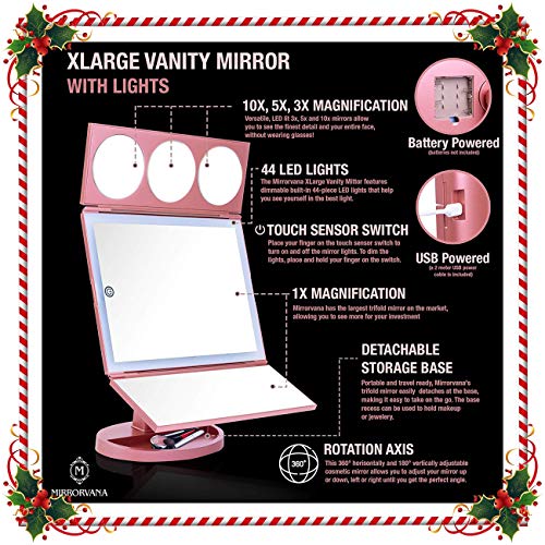 Mirrorvana XLarge Vanity Mirror with Lights | 360° Rotatable Extravagant Trifold LED Lighted Makeup Mirror with 10X, 5X, 3X Magnification & Bonus USB Cable (2018 XLarge Rose Gold Model)