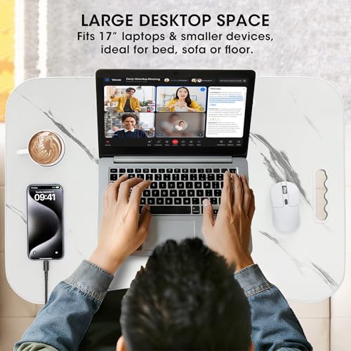 Image of Folding Lap Desk, 23.6 Inch Wood Laptop Bed Desk with Cup Holder, Portable Bed Table for Working Writing Reading & Eating for Bed, Sofa, Couch, Floor - White&Black