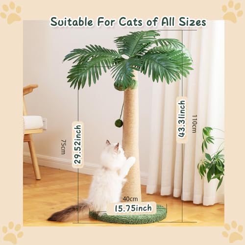 Image of 43.3inch Palm Tree Shape Style Sisal Cat Tree Scratching Post Cats, Wear Resistant Cat Claw Scratcher with Plush Stable Base & Hanging Toy Ball, Green