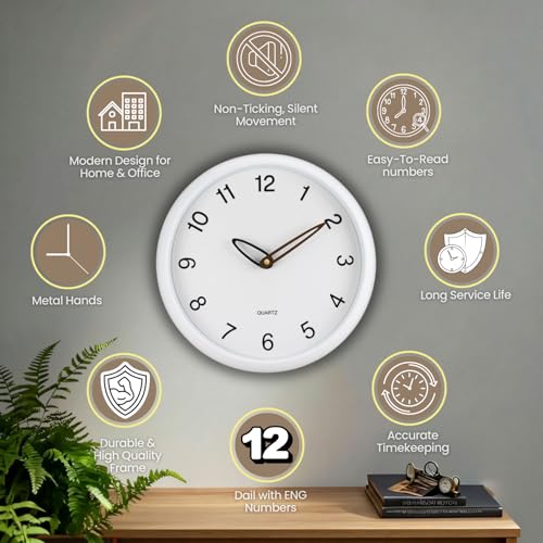 Image of WHISKET - 12 Inch | Radium Silent Sweep Clock | Glow in Dark Clock, Classic Analog Silent Movement, Elegant Design for Drawing Living Room& Bedroom, Office.(MATT White)