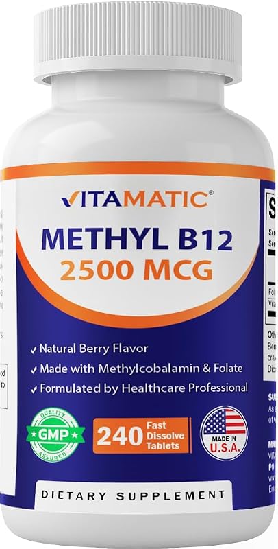 Vitamatic Suplemento de Vitamina B12 com Ácido Fólico, Metilcobalamina 2500 mcg, 240 comprimidos
