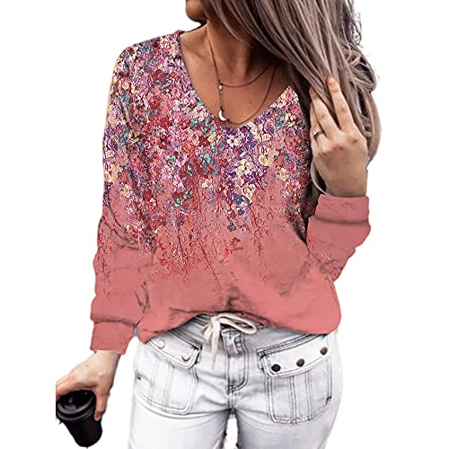 Mayntop Womens Tops Shirt Plus Size Floral Small Flower Daisy Cornflower Pattern Graphic Print Long Sleeve V-Neck Long Sleeve Blouse(A Light Red,XL)