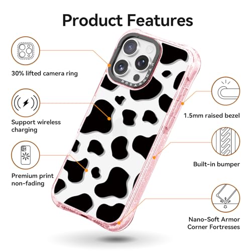 Rosarnnah for iPhone 14 Pro Max Case Cute - Military-Grade 20 ft Drop Protection Shockproof Phone Case - Funny Milk Cow Print Design (6.9") Glitter Pink by Rosarnnah - Used condition - Image 5