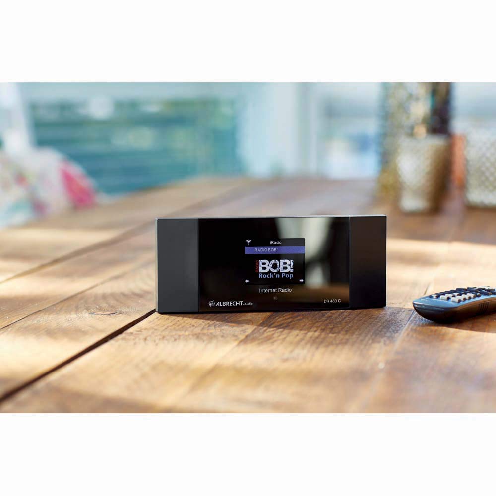 Albrecht DR 460 C 27462, Internetradio-Adapter mit Farbdisplay zum Anschluss an die Stereoanlage, Fern- oder App-Steuerung, DLAN, Alarm- und Wetterfunktionen