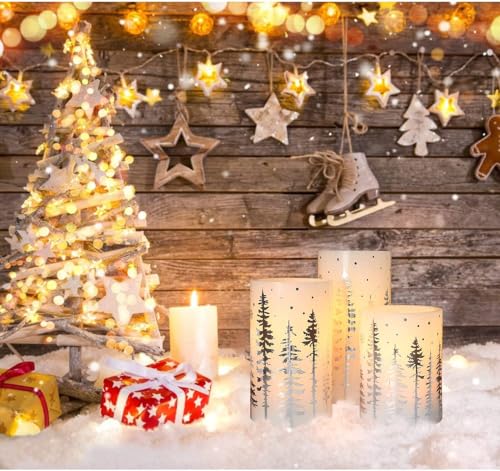 Image of Christmas Flameless Candles with Remote & Timer Flickering Real Wax LED Pillar Candles, Silver Christmas Tree Snowflake Battery Operated Candles, Xmas Gift Farmhouse Home Holiday Decoration - Set of 3