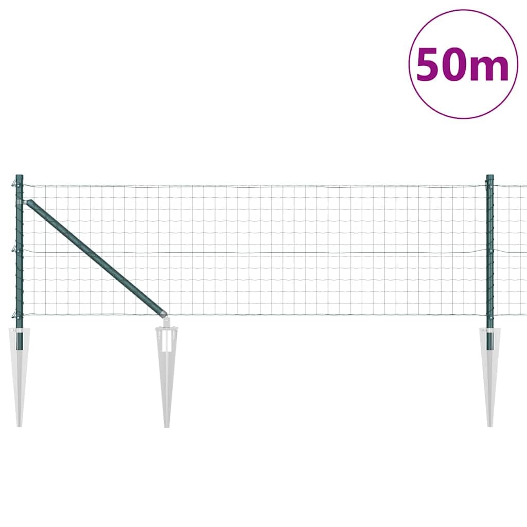 Juego completo de valla de jardín verde 0,6 x 50 m – Valla de malla de alambre de acero y PVC – Juego de valla europea con postes, estacas y alambre tensor para jardín, terraza y recinto para