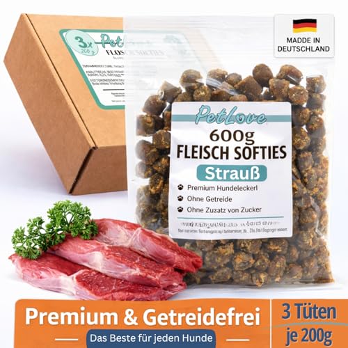 PetLove Fleisch Softies für Hunde • Hundeleckerli ohne Getreide • 63% Fleischgehalt • Hunde Leckerlis für Training • Strauß (3x200g)
